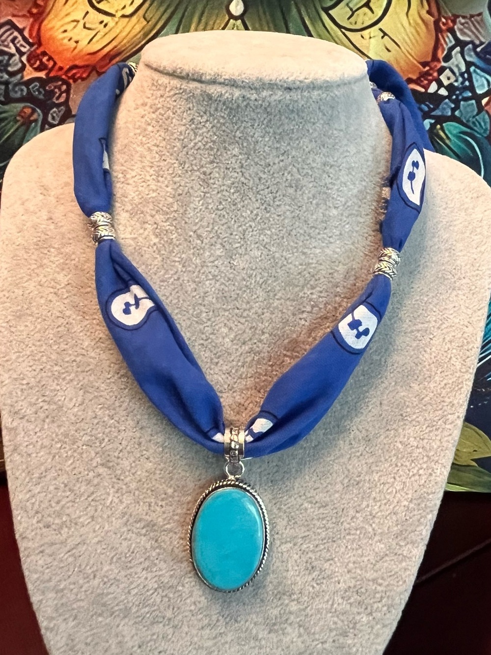 Blue Bandana Scarf Necklace with Turquoise Pendant - Women's Jewelry